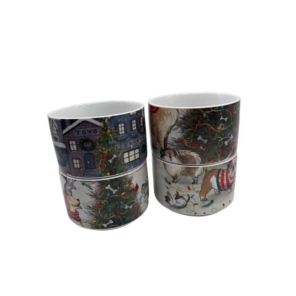Pier 1 Holiday Christmas Mugs w Stand Basset Hounds Cats Bulldog